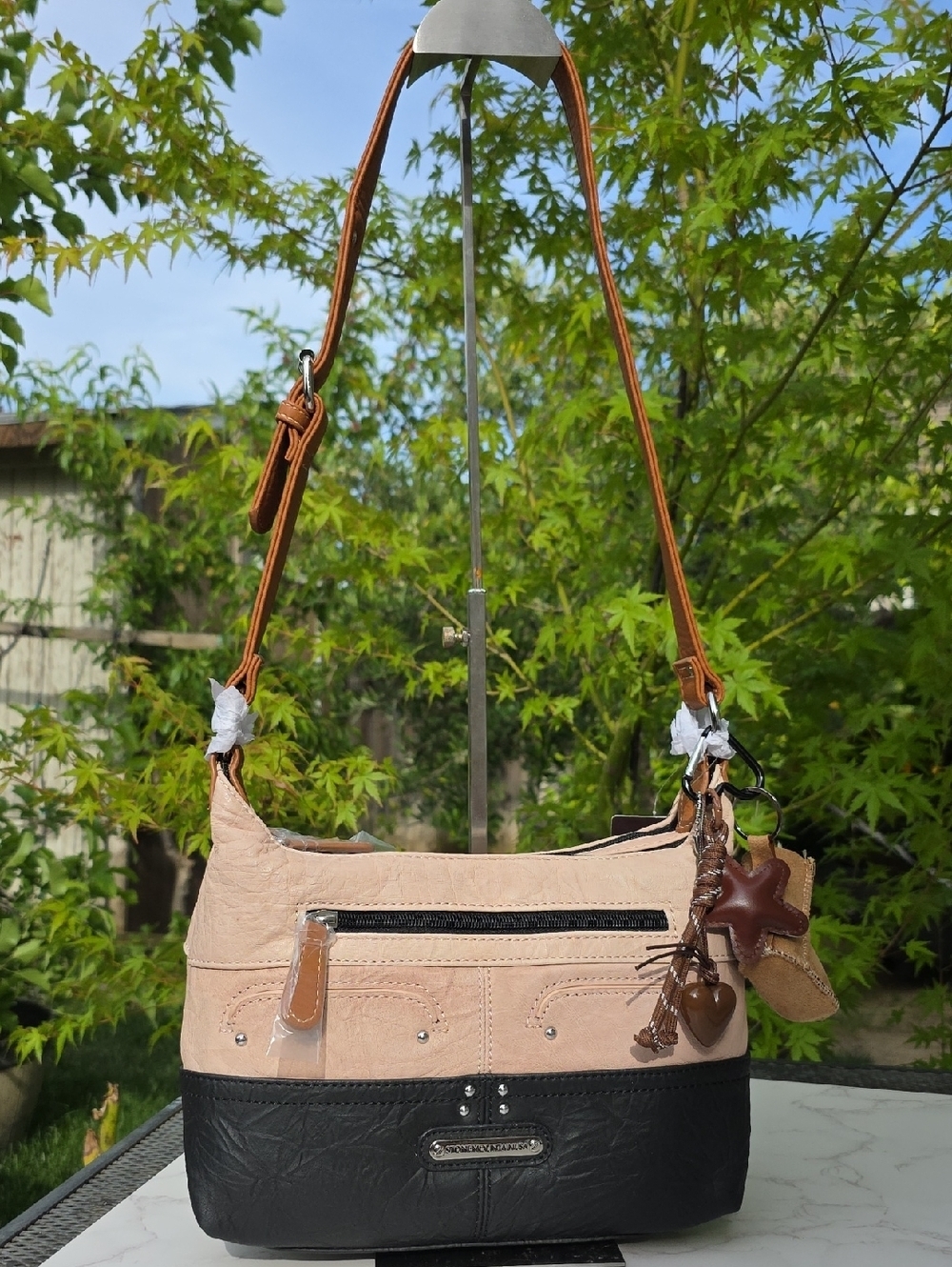 Stone Mountain Blush Tan Black Colorblock Shoulder Leather Bag Nwt